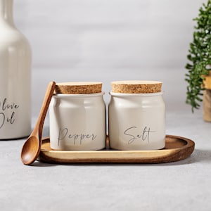 Engraved White Stoneware Salt and Pepper Jars with Cork Lids