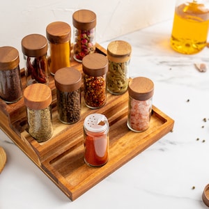 PAULO Round Glass Spice Jars with Natural Acacia Wood Lids Size 90ml FREE Custom Minimalist labels Organise Pantry Acacia Spice Rack