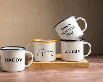 Personalised Engraved Enamel Camping Mug – Custom Name Gift for Mum, Dad, Grandad