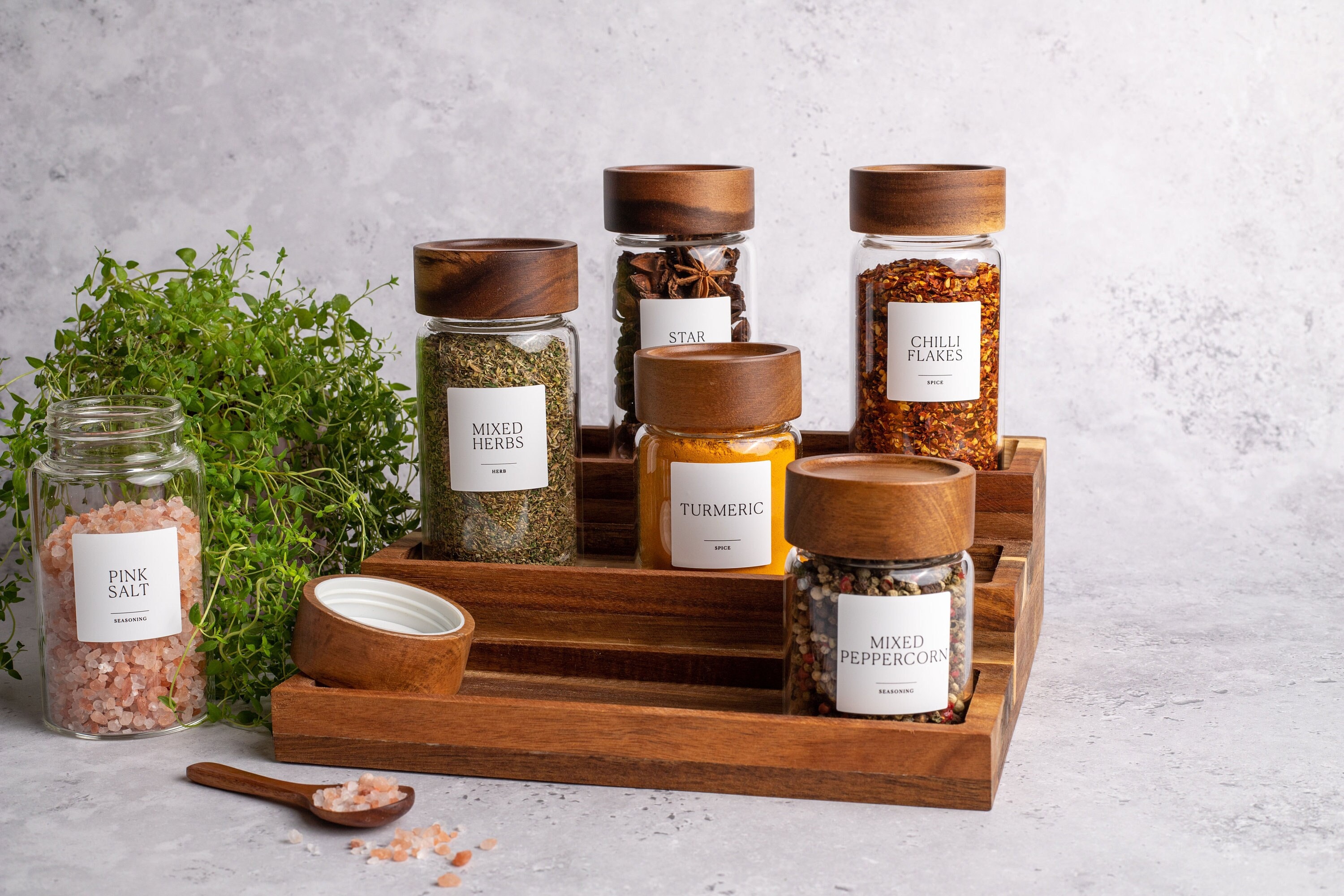 HIMAYA Glass Spice Jars With Natural Acacia Wood Lids Size 160ml FREE  Custom Minimalist Labels Organise Pantry 