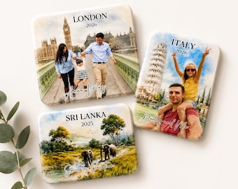 Personalised Ceramic Travel Photo Magnet | Custom Watercolour Vacation Souvenir