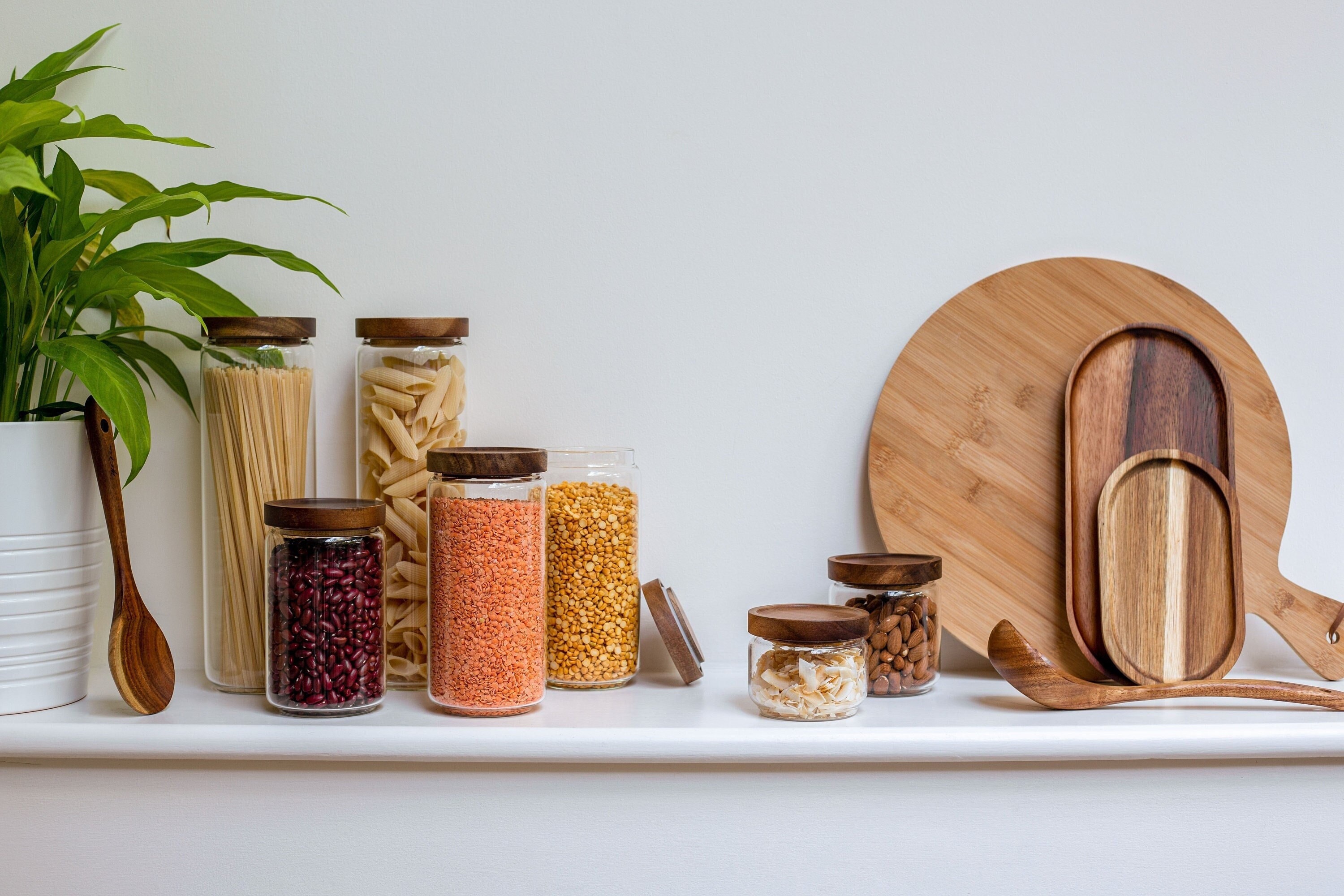 Glass Pantry Jars With Acacia Wood Lids: Custom Minimalist Labels - Etsy