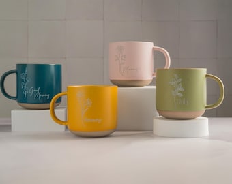 Personalised Line Art Stoneware Mug with Birth Flower: Custom Photo Engraved Coffee Mug