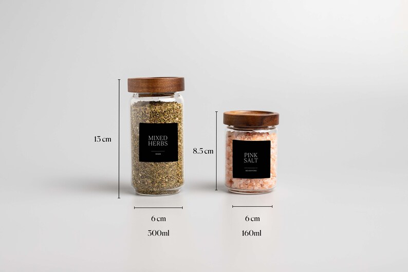 HIMAYA Glass Spice Jars with Natural Acacia Wood Lids Size 160ml & 300ml FREE Custom Black labels Organise Pantry zdjęcie 5
