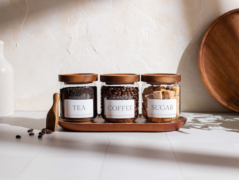 Acacia Wood Lid Glass Jars: Tea, Coffee, Sugar - Set of 3 (450ml) image 1