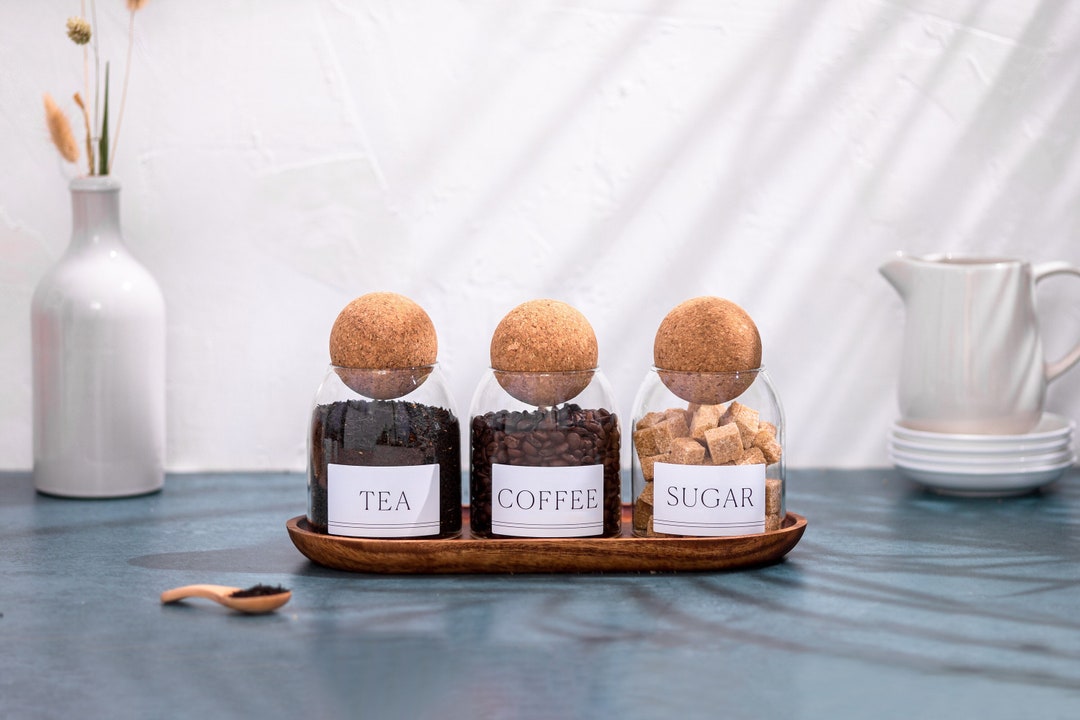 SNOW Set of 3 Cork Ball Glass Jars With Tea Coffee Sugar Pantry Matte ...