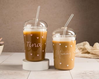 Personalised Heart Glass Iced Coffee Cup with Lid & Straw (450ml)