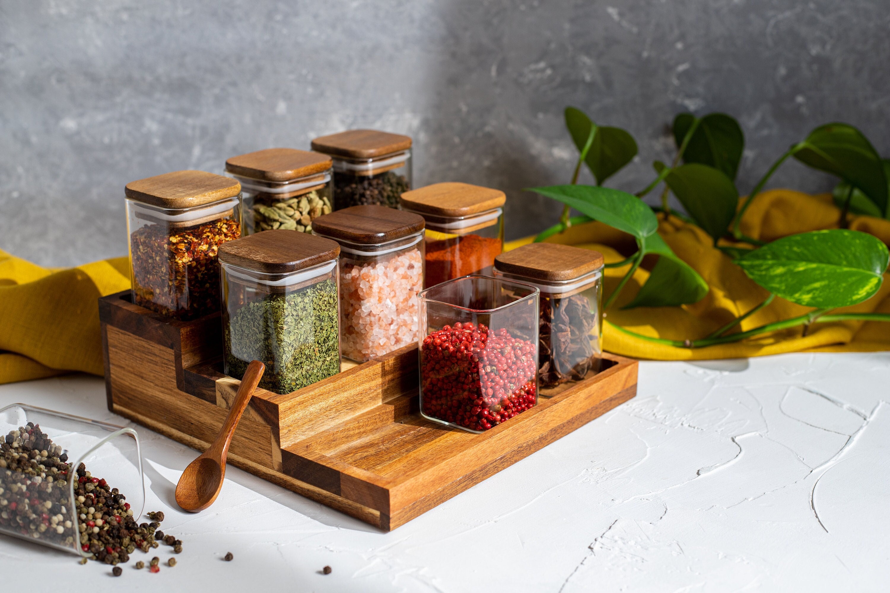 CARA Square Glass Spice Jars With Natural Acacia Wood Lids Size 250ml FREE  Custom Minimalist Labels Organise Pantry 