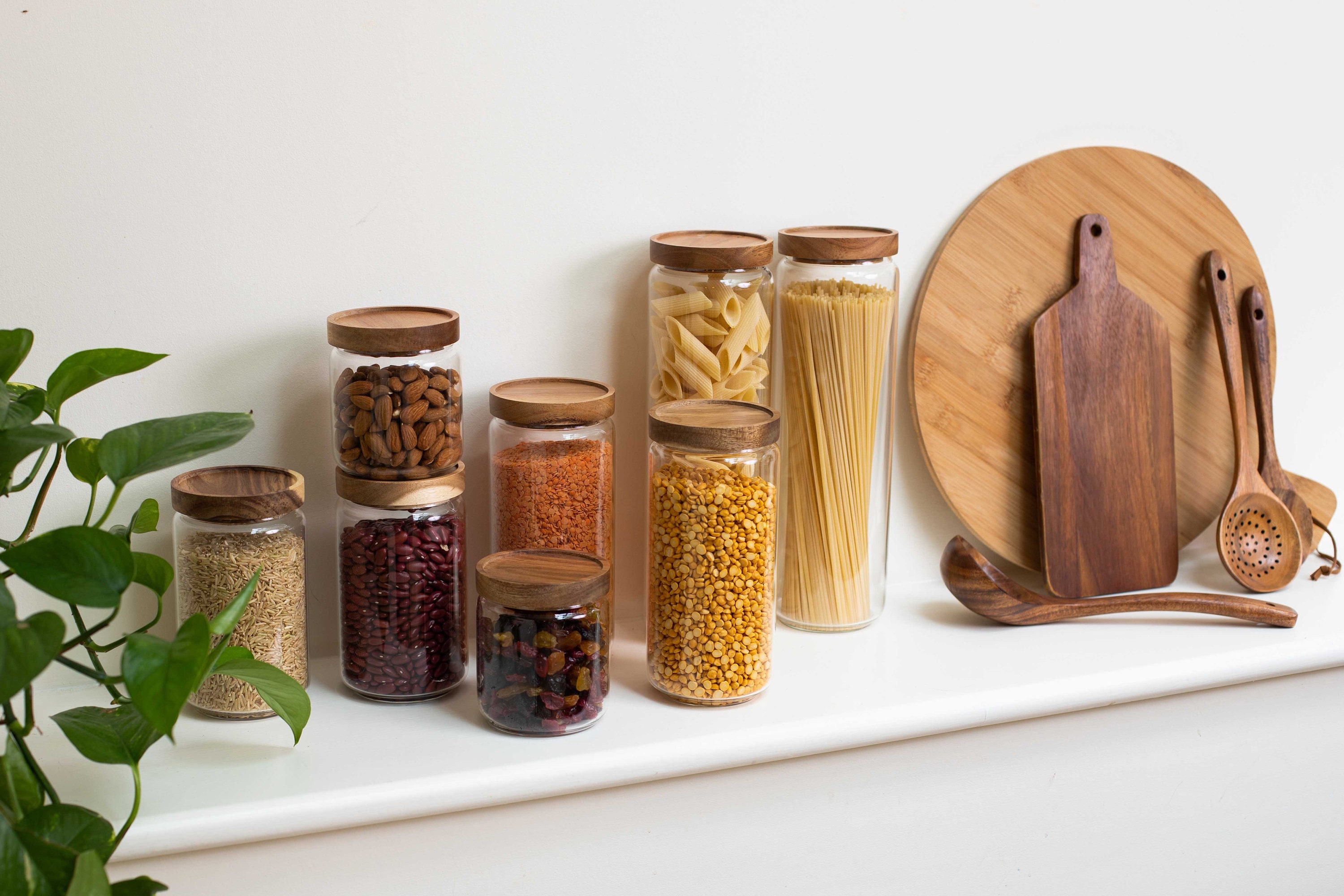Bocaux en Verre Dinali avec Couvercles Bois d'acacia Naturel | Bocaux de Garde-Manger Organiser Des 