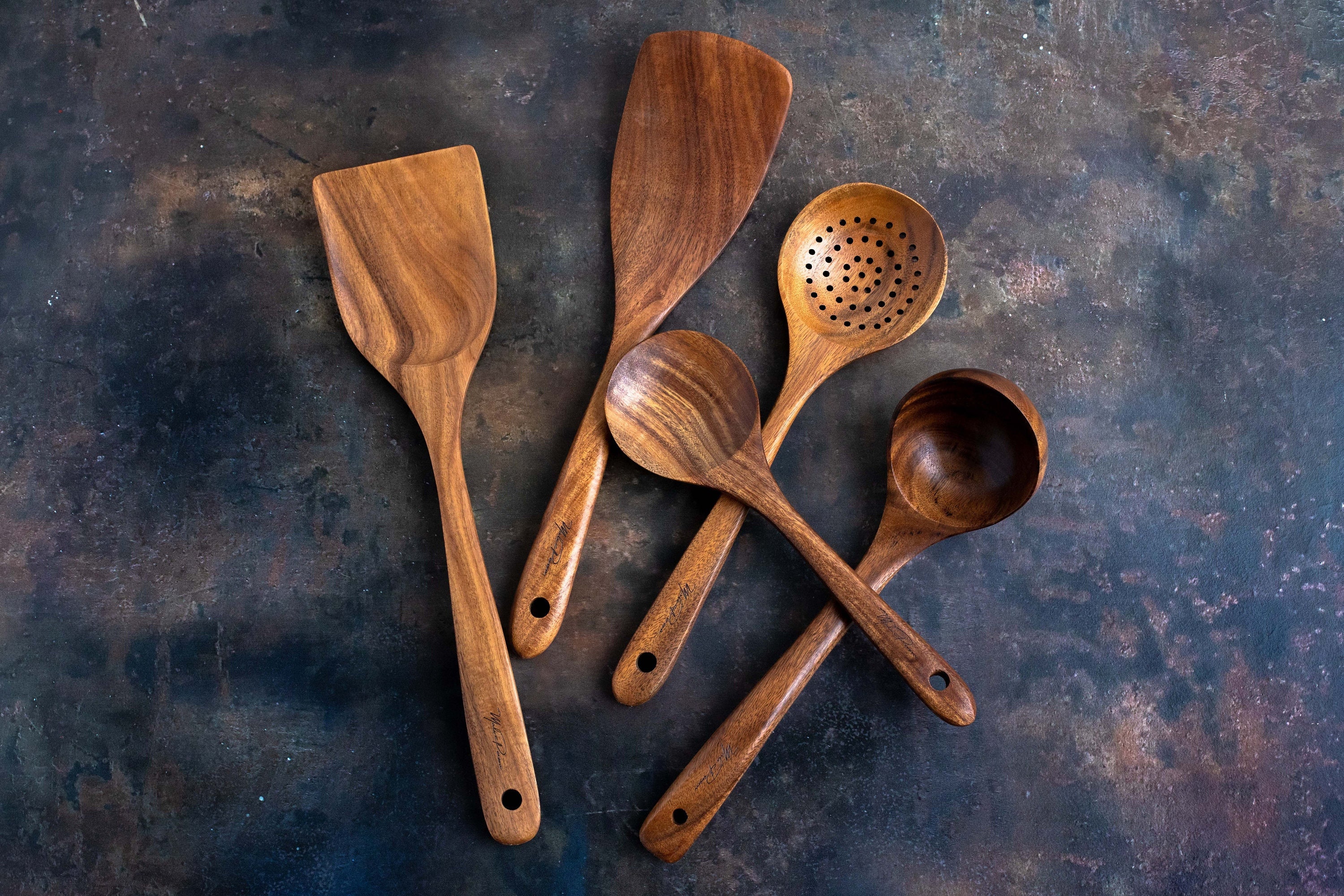 Amani Natural Acacia Wood Spoon Set | Lot de 5 Ustensiles Cuisine Durable Du Bois Ensemble Cuillères