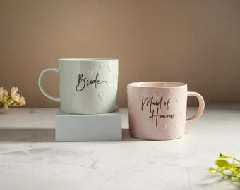Personalised Embossed heart Bridal Ceramic Coffee Mug: Engraved Stoneware, Embossed Design. Bride, Bridesmaid