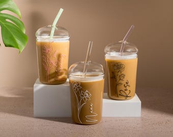 Personalised Birth Flower Glass Iced Coffee Cup with Lid & Straw (450ml) Line Art