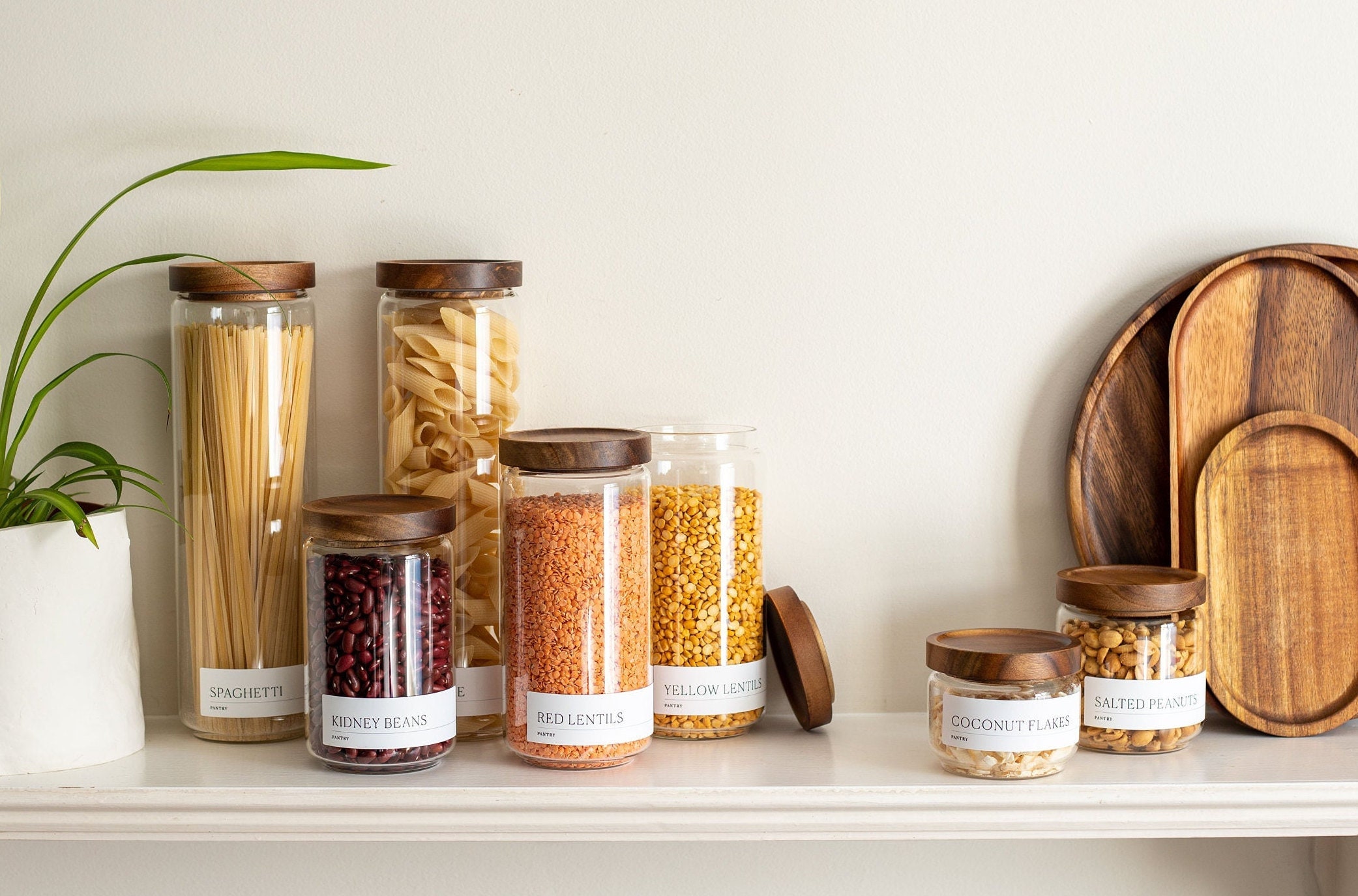 Glass Pantry Jars With Acacia Wood Lids: Custom Minimalist Labels - Etsy