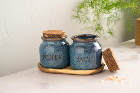 Engraved reactive glazed stoneware Salt and Pepper Jars with Cork Lids
