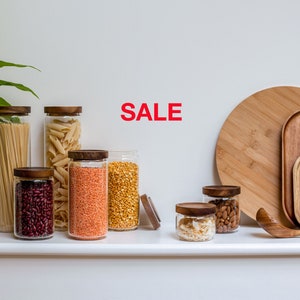 SALE DINALI Glass Jars with Natural Acacia Wood Lids | Minor scratches and blemishes on Glass or/and lid | Non Refundable