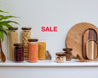 Acacia Wood Lid Glass Jars: DINALI Kitchen Storage (Slight Imperfections)
