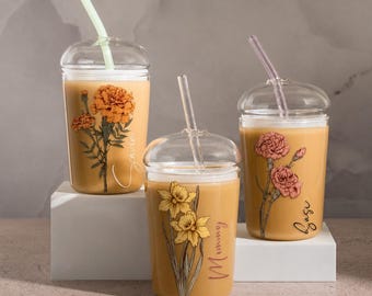 Personalised Modern Birth Flower Glass Iced Coffee Cup with Lid & Straw (450ml) Antique Flower