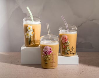 Personalised Watercolour Birth Flower Glass Iced Coffee Cup with Lid & Straw (450ml)