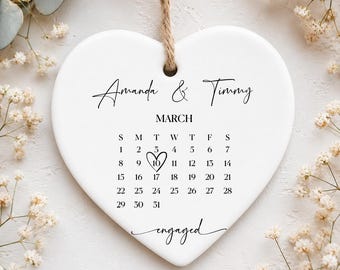 Personalised Engagement Ornament | Heart or Circle Ceramic Decoration | Engagement Date Calendar Keepsake | Couple Gift