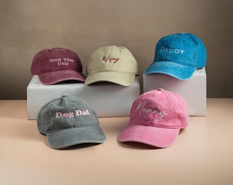 Personalised Vintage Wash Cap, Custom Embroidered Dad Mum Hat