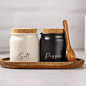 Engraved Stoneware Salt and Pepper Jars with Cork Lid - 160ml