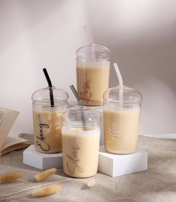 Personalised Glass Iced Coffee Cup with Lid & Straw (450ml)