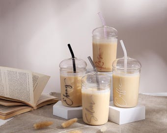 Personalised Glass Iced Coffee Cup with Lid & Straw (450ml)