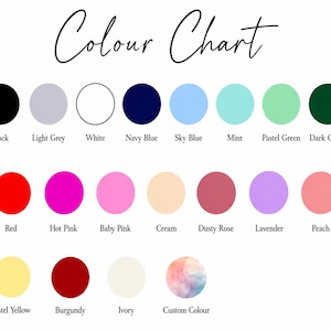 Pu&ograve; includere: Una tabella dei colori che presenta diciannove campioni circolari di vari colori disposti in file. Ogni cerchio &egrave; etichettato con il nome corrispondente, tra cui nero, grigio chiaro, bianco, blu navy, azzurro, menta, verde pastello, verde scuro, rosso, rosa acceso, rosa baby, crema, rosa antico, lavanda, pesca, giallo pastello, bordeaux, avorio e un cerchio multicolore per un colore personalizzato.
