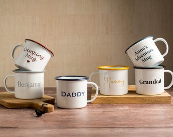 Personalised Enamel Camping Mug – Custom Name Gift for Mum, Dad, Grandad