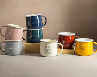 Personalised Enamel Camp Mug: Custom Engraved Vintage Style