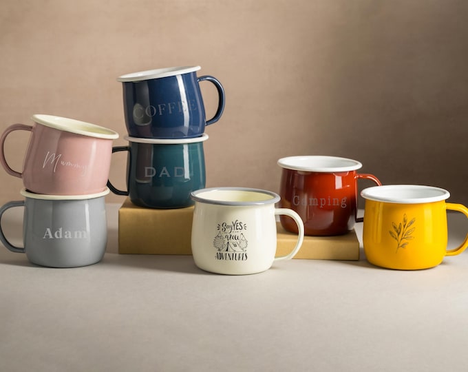 Personalised Enamel Camp Mug: Custom Engraved Vintage Style