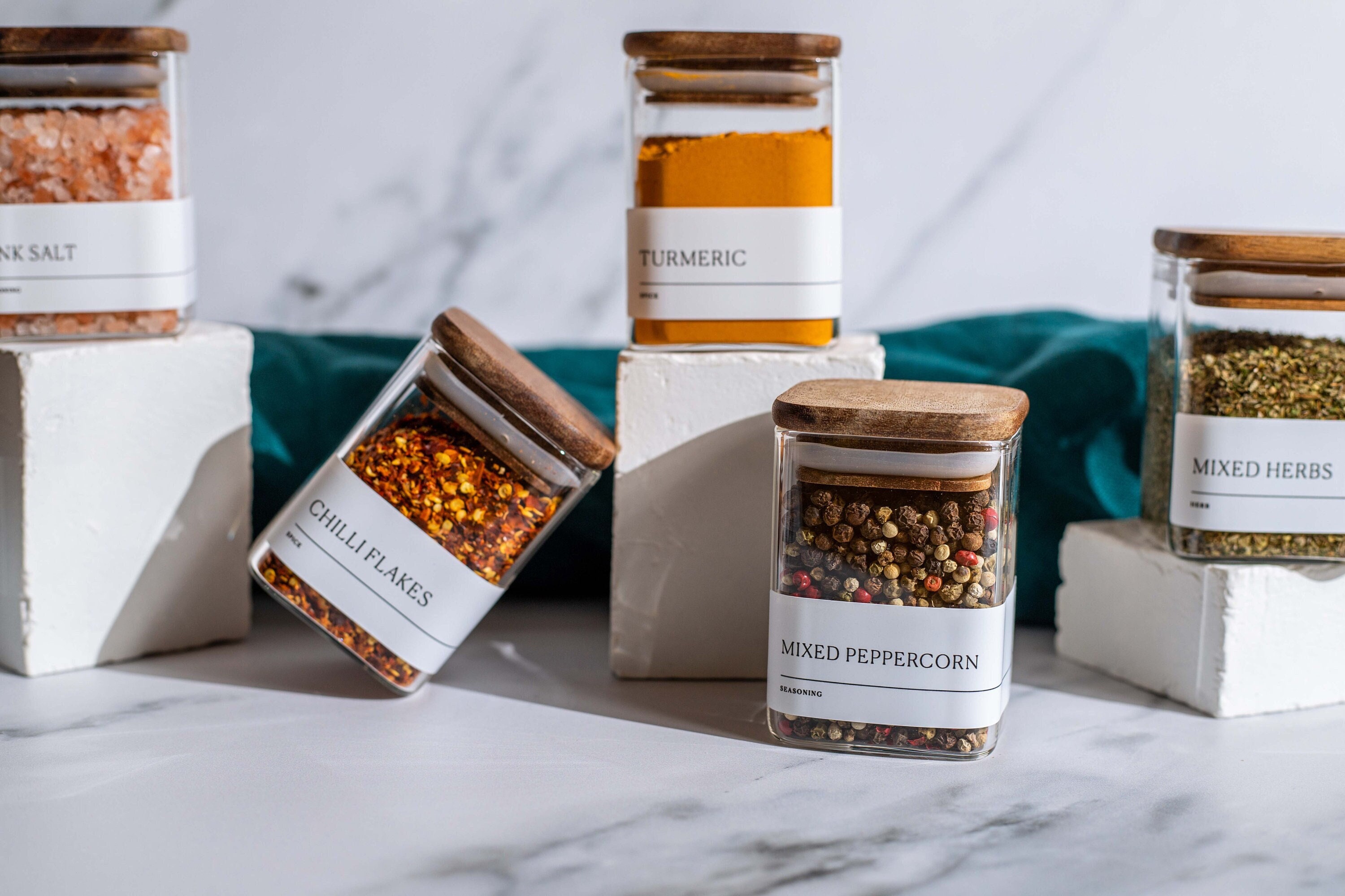 CARA Square Glass Spice Jars with Natural Acacia Wood Lids | 3 Sizes | FREE Custom SLIM labels | Organise Pantry