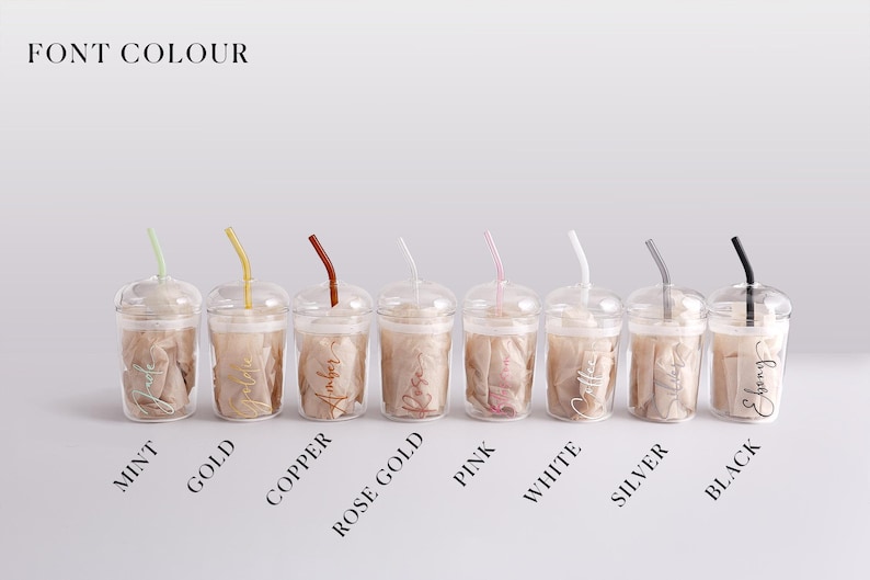Pu&ograve; includere: Otto bicchieri di plastica trasparente con coperchi e cannucce, ognuno con un colore di carattere diverso: menta, oro, rame, oro rosa, rosa, bianco, argento e nero. Il testo FONT COLOUR appare in alto, con i nomi dei colori elencati sotto.