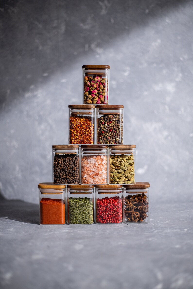 CARA Square Glass Spice Jars With Natural Acacia Wood Lids Etsy UK