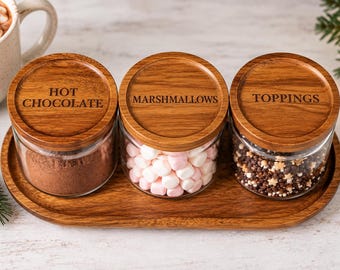 Engraved Acacia Wood  Glass Jars | Hot Chocolate Station (450ml & 750ml) | Christmas