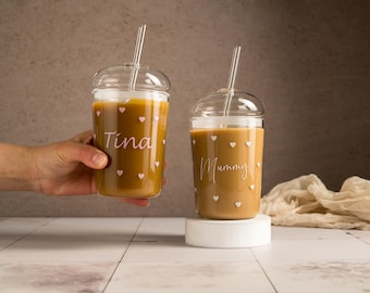 Personalised Heart Glass Iced Coffee Cup with Lid & Straw (450ml)