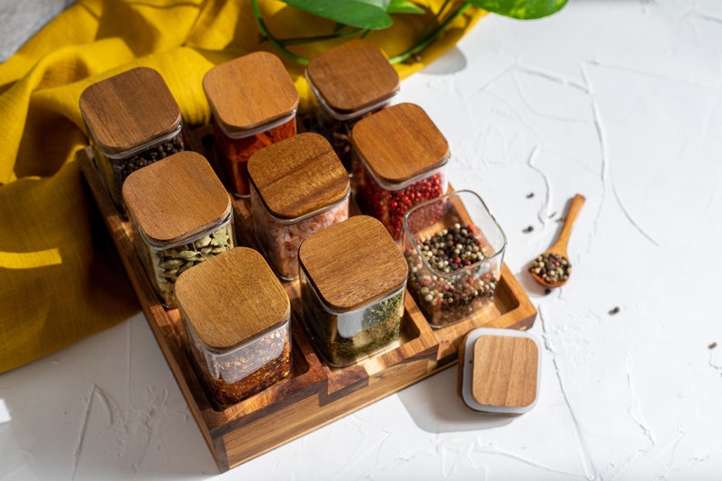 CARA Square Glass Spice Jars With Natural Acacia Wood Lids Etsy UK