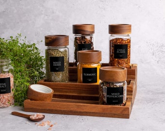 SAHARA Labelled Glass Spice Jars with Natural Acacia Wood Screw Top Lids | Size 210ml and 300ml | FREE Custom Black labels | Organise Pantry