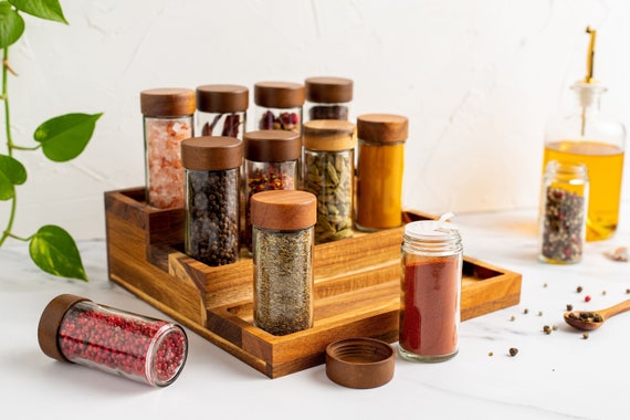 HIMAYA Glass Spice Jars With Natural Acacia Wood Lids Size 160ml FREE  Custom Minimalist Labels Organise Pantry 