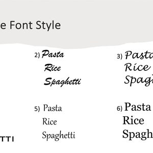 Pu&ograve; includere: Immagine che mostra sei opzioni di stile di carattere per le parole "Pasta, Rice, Spaghetti". Il testo "Choose Font Style" &egrave; in alto. Ogni opzione presenta le parole in diversi caratteri, da corsivo a grassetto.