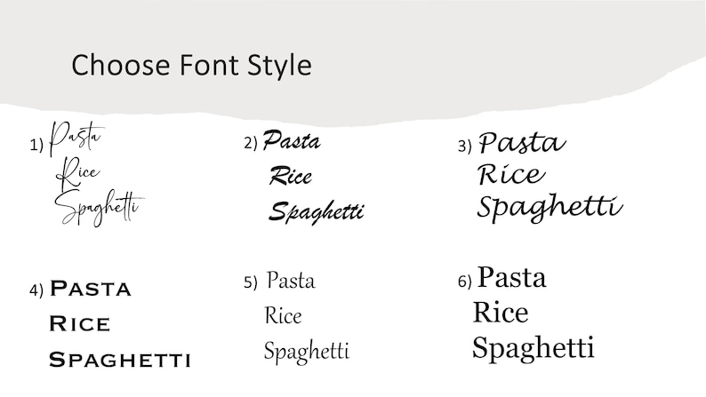 Pu&ograve; includere: Immagine che mostra sei opzioni di stile di carattere per le parole "Pasta, Rice, Spaghetti". Il testo "Choose Font Style" &egrave; in alto. Ogni opzione presenta le parole in diversi caratteri, da corsivo a grassetto.