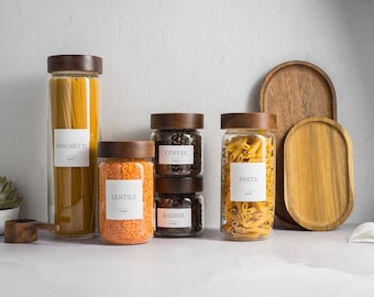 Glass Pantry Jars with Screw Cap Acacia Wood Lids: Custom Minimalist Labels
