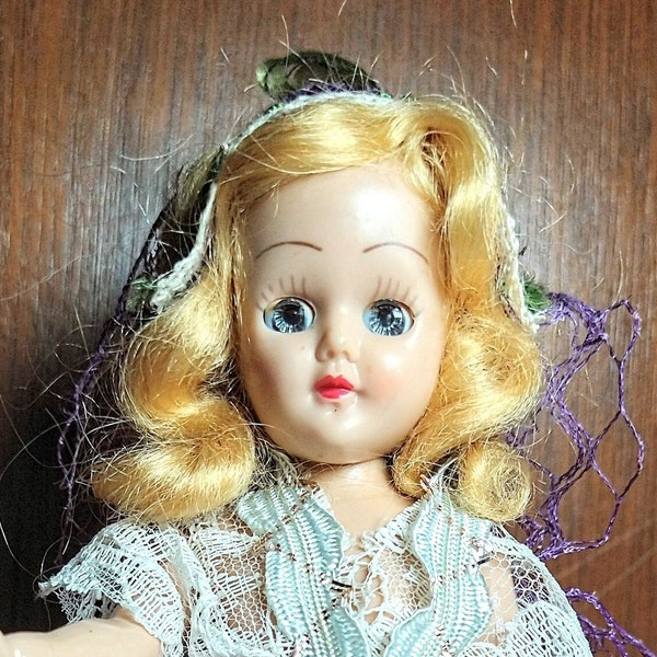 1950s hard plastic doll, vintage doll, sleepy eye, blonde mohair wig, southern belle spring arm