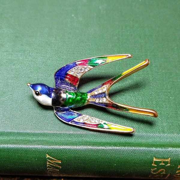 vintage swallow pin brooch, jewel eye, cz crystals, enamel swallow bird, yellow and blue, jeweled brooch, nautical navy, pin up