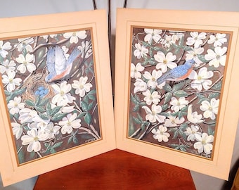 2 vintage bird prints by Eva Ledford matted signed