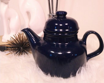 vintage cobalt blue tea pot, blue ceramic, made in korea