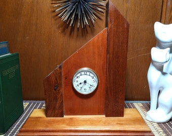 mid century clock mounted on wood block, abstract mcm clock, tower clock, vintage wooden clock, mantel piece