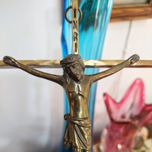 Vintage brass crucifix, INRI engraved, cross, Jesus, religious decor, vintage wall hanging cross, religious items
