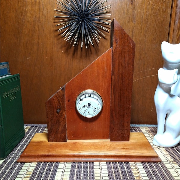 mid century clock mounted on wood block, abstract mcm clock, tower clock, vintage wooden clock, mantel piece