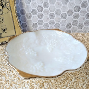 Milk glass bowl with gold trim, grapes and vines, serving dish, fruit bowl